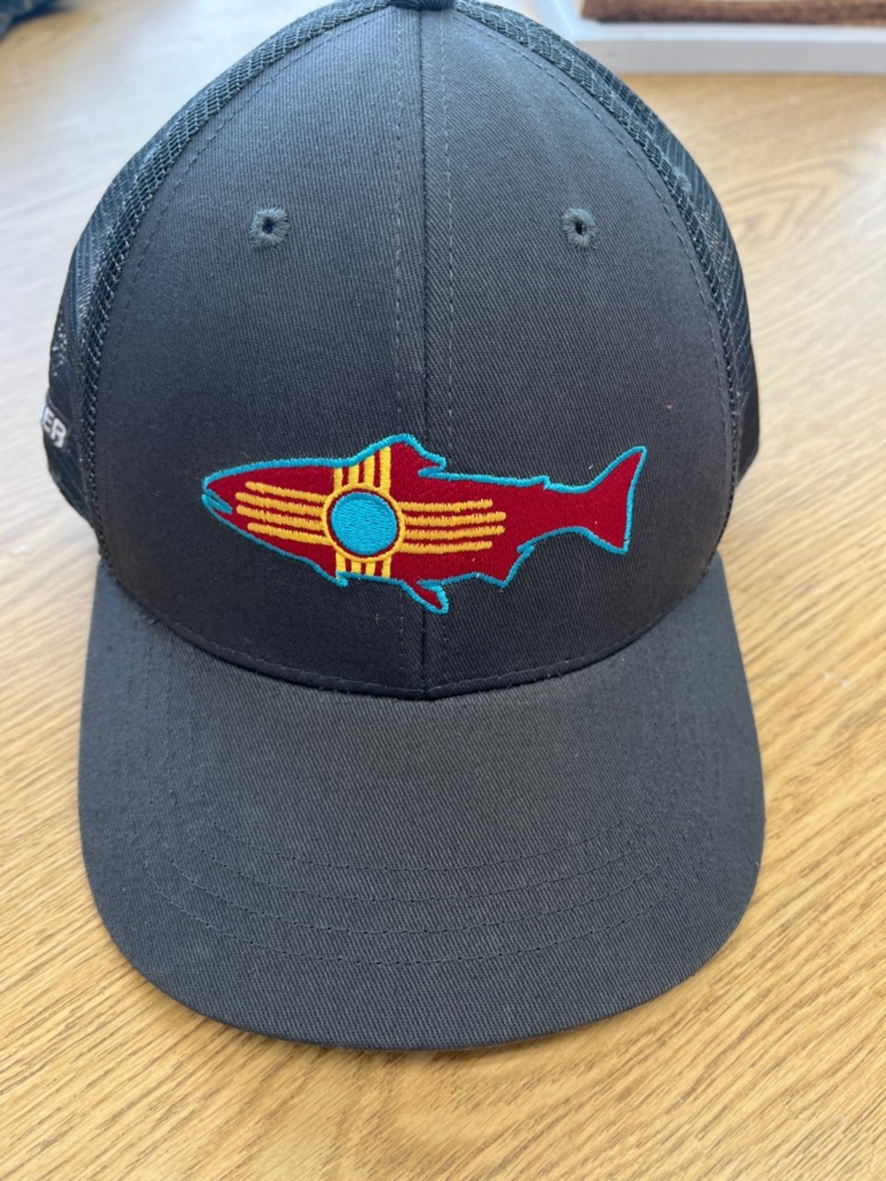 Gray Fish Logo Trucker Hat with Turquoise & Red Embroidery